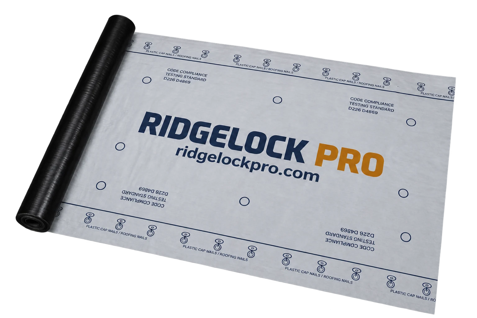 RIDGELOCK PRO light-gray synthetic roofing underlayment branding preview with a black rolled edge