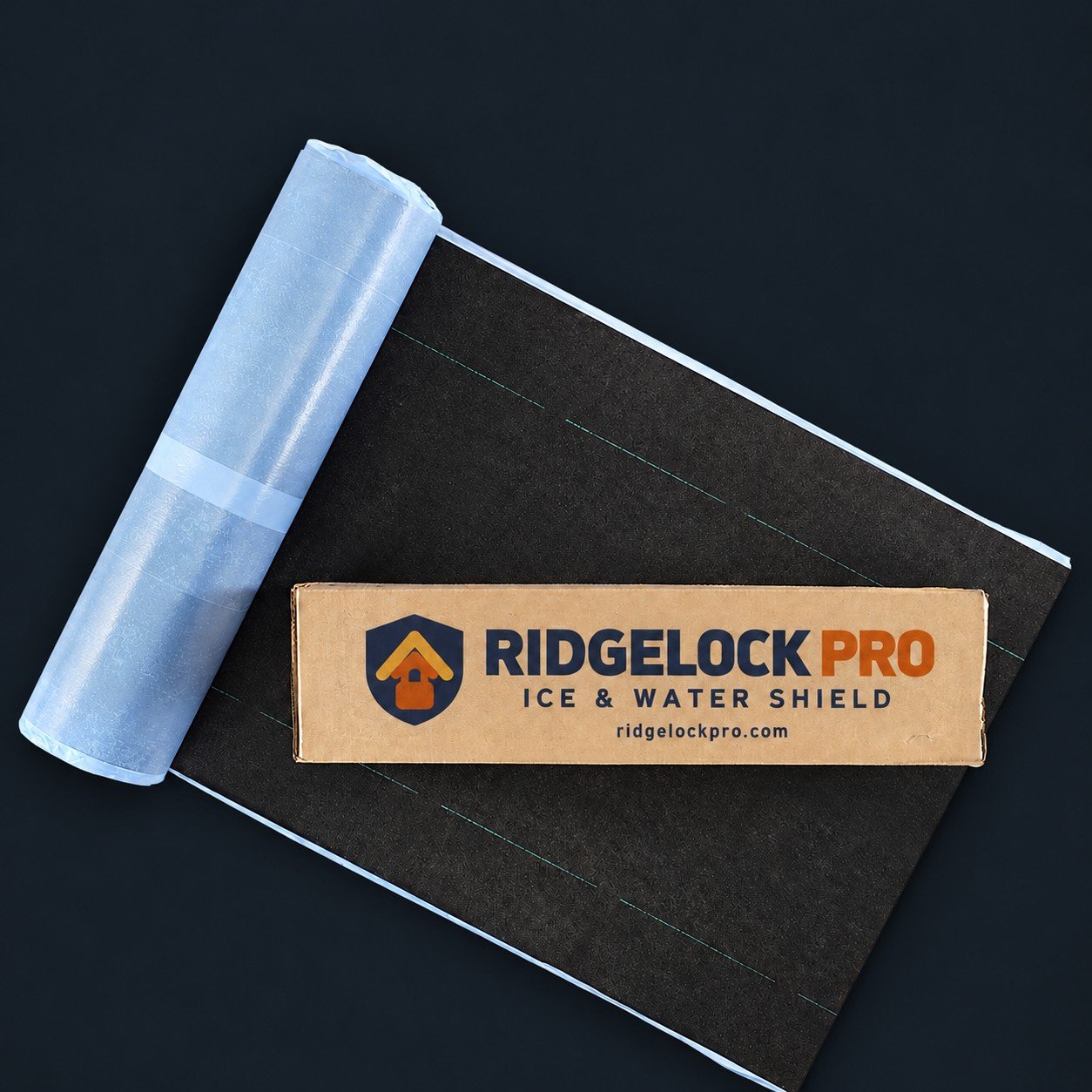 RIDGELOCK PRO ice and water shield branding preview with a kraft carton, black sanded sheet and blue release film
